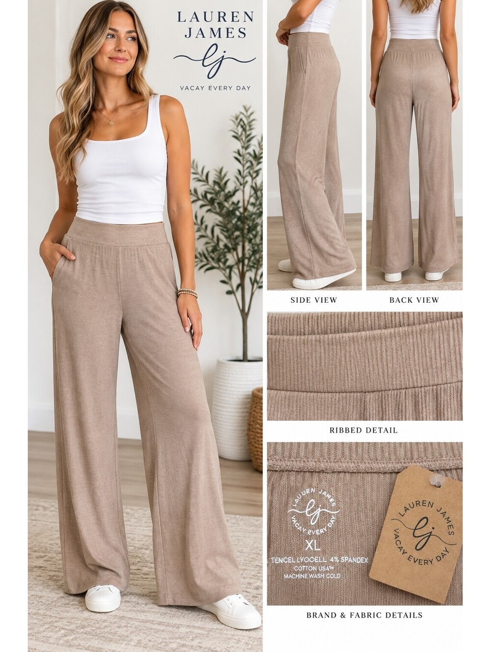 Lauren James Women’s Ribbed Wide Leg Pants XL Tan Brown Tencel Lyocell NWT-#240